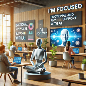 A serene and modern workspace with diverse individuals using AI tools on laptops and tablets. One person interacts peacefully with an AI assistant on a large screen, while another follows an AI-generated guide on a laptop. Bright motivational posters read 'I'm Focused' and 'Emotional and Physical Support with AI.' The environment is calm, supportive, and innovative, emphasizing well-being and productivity.